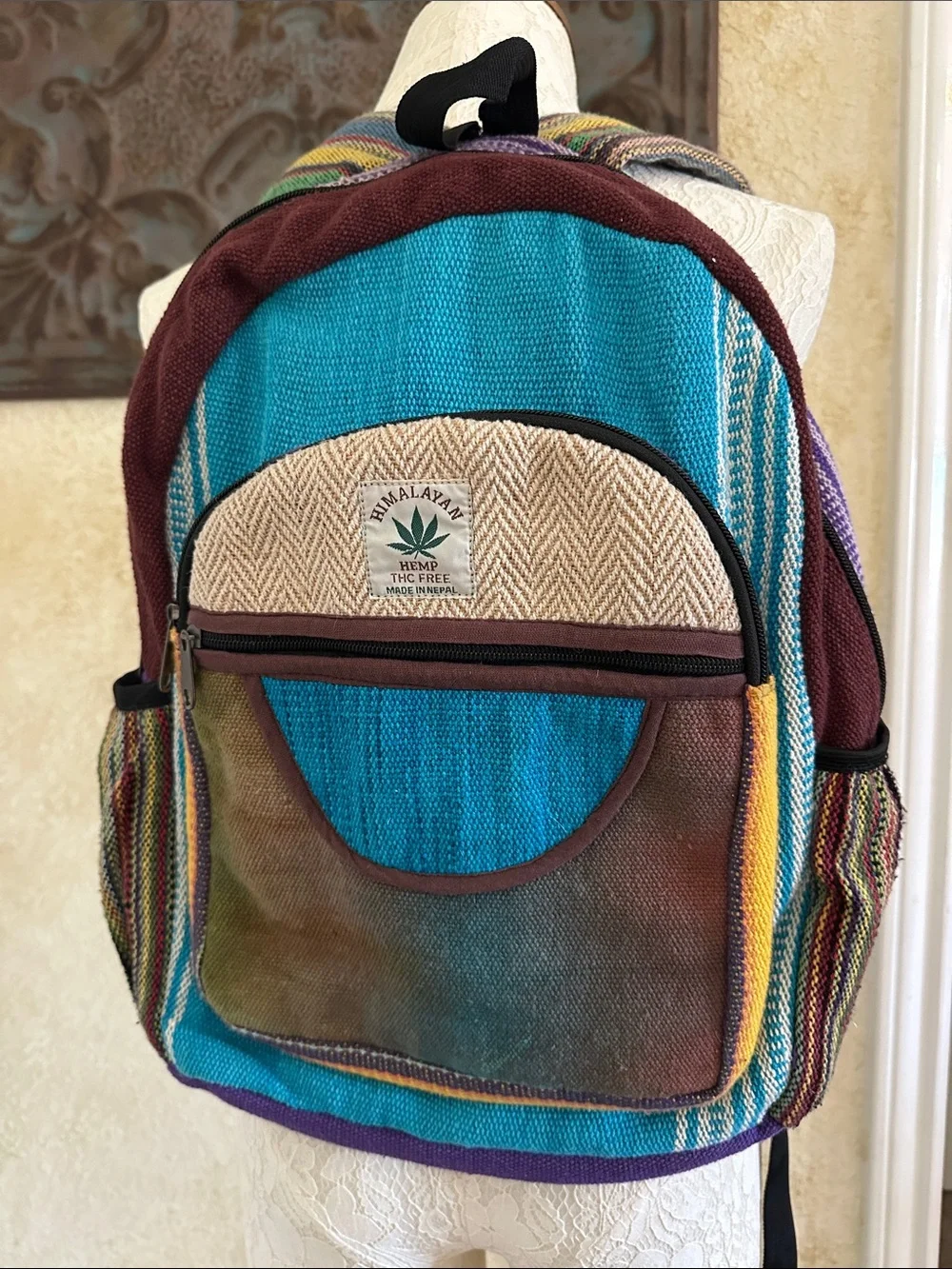 Himalayan Hemp Turquoise & Brown Woven Backpack